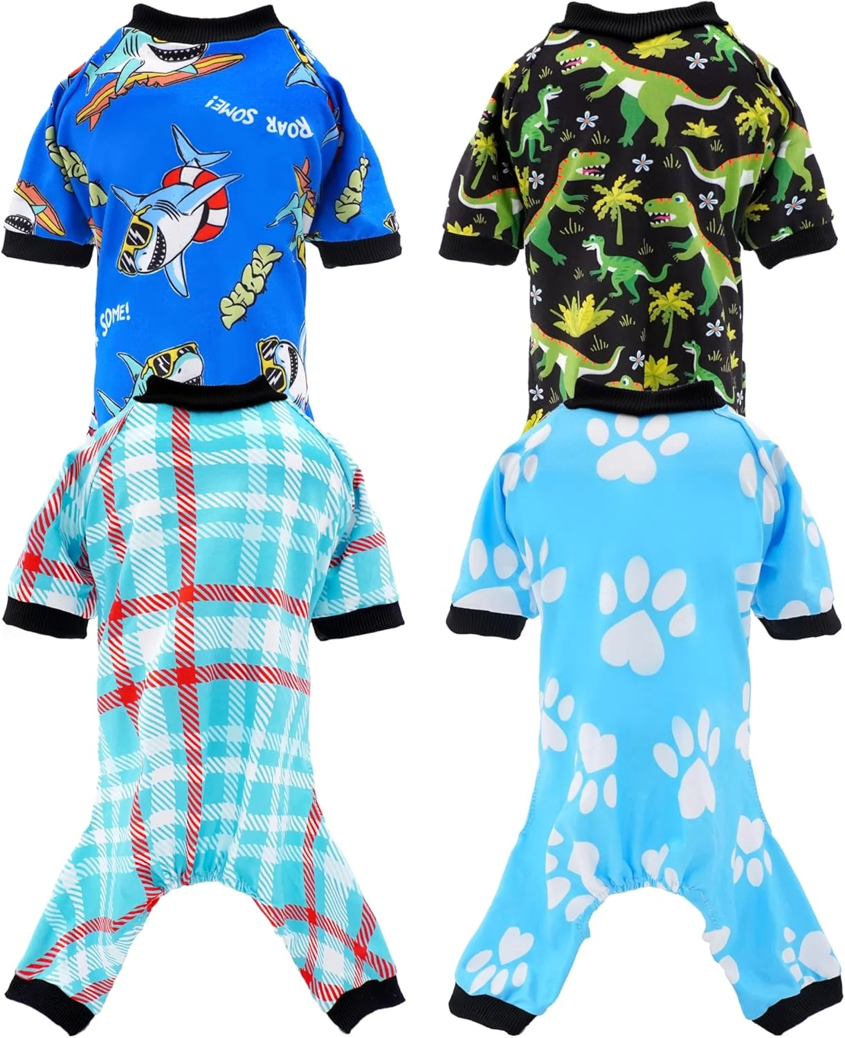 Minimalist PET SHOW 4 Pack Small Dog Pajamas for Boy Doggies Dinosaur Shark Soft Stretchy PJs Plaid Jumpsuit Puppy Cats Paw Onesies Outfits with Sleeve Pets Breathable Summer Clothes Costume M Artisan