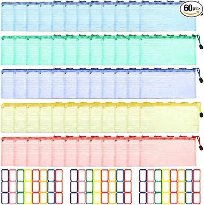 Trusted 60 Pcs Mesh Zipper Pouch with 72 Labels Plastic Clear Storage Bags Organizer Set for Travel Jewelry Crafts Office Supplies - 5 Colors 7.1x4.7 InchAbout ThisOverview Fine