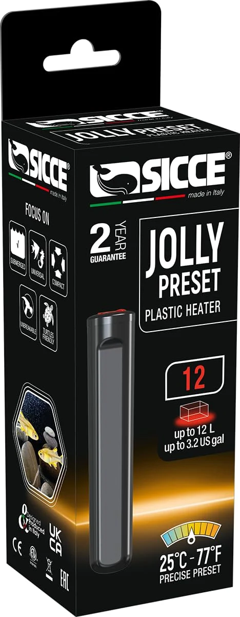 Premium Sicce 12W Jolly Preset Small Submersible Heater – 77°F for 1-4 Gallon Tanks Artisan
