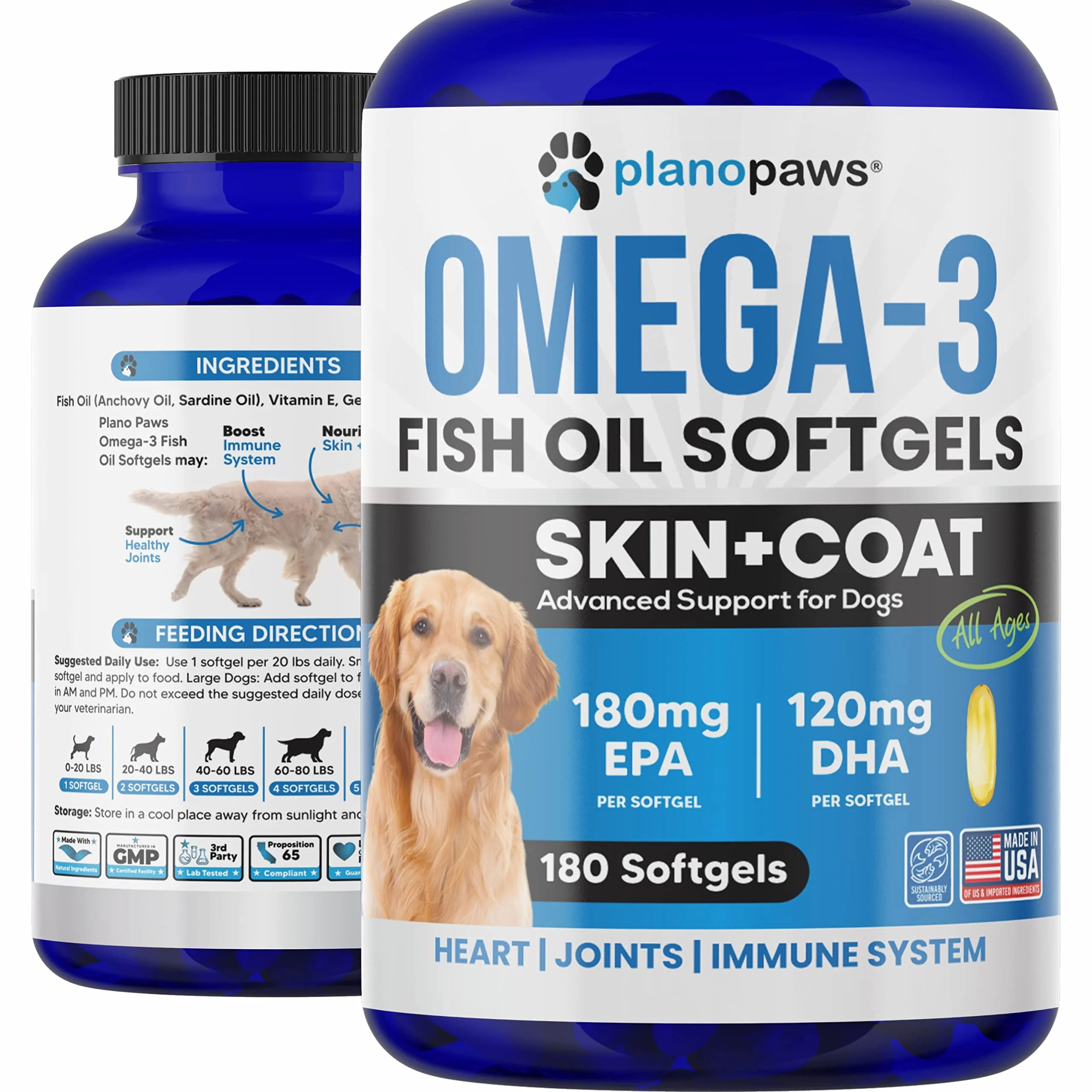 Responsible Planopaws Omega-3 Fish Oil for Dogs Capsules Salmon Oil for Dogs – 180 Softgels Classic