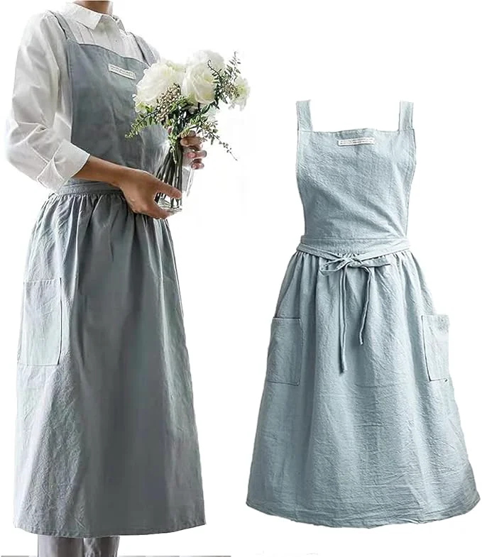 Breathable Cotton and linen Kitchen Cooking Aprons Dress for Women with Pockets Cute for Baking Painting Gardening Cleaning High-Quality