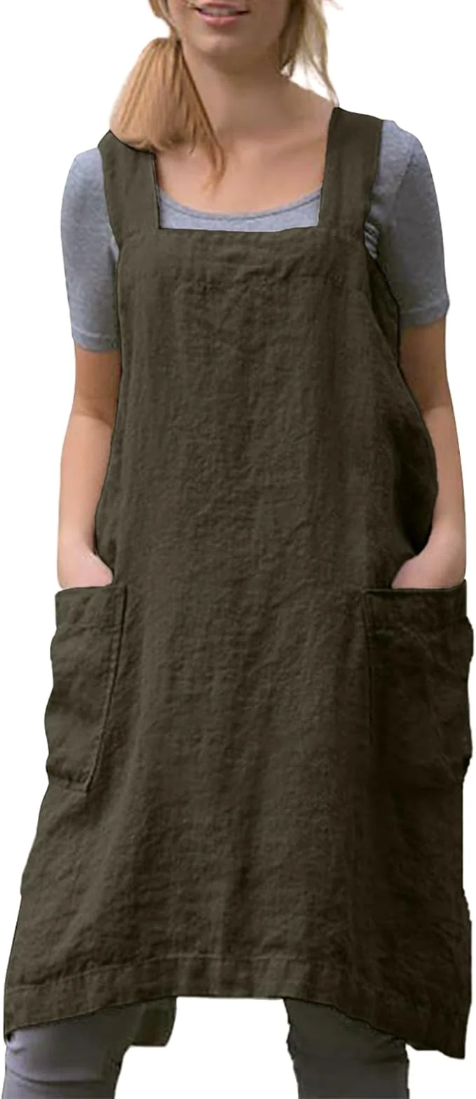 Convenient Women Apron with 2 Pockets Cotton Linen Kitchen Baking Cooking Chef Cross Back Pinafore Dress Sustainable