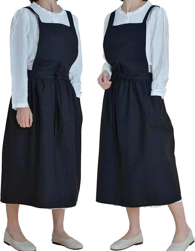 Reusable VLZUFE Women Cotton Linen Cross Back Apron with Pockets for Gardening Works Pinafore Dress BlackAbout This Trusted