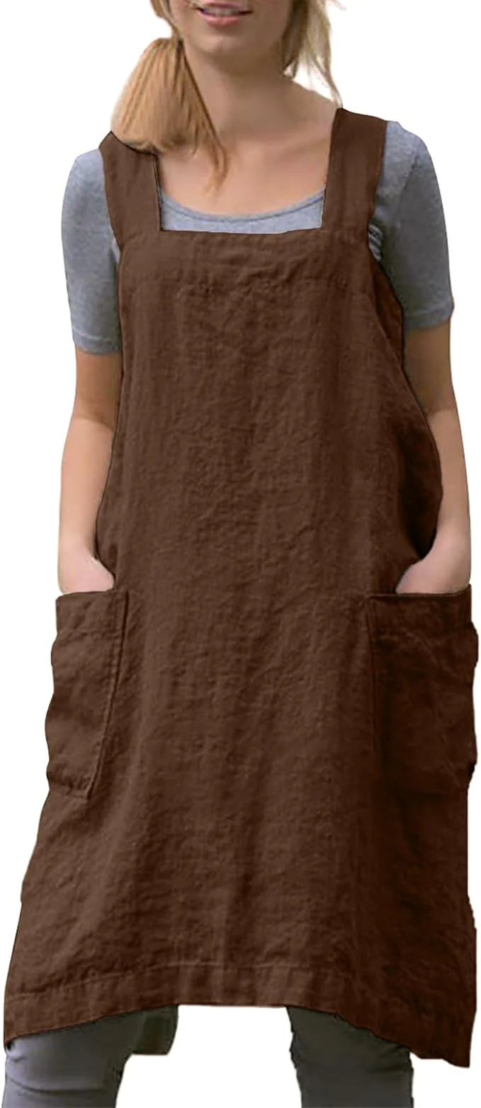 User-Friendly Women Apron with 2 Pockets Cotton Linen Kitchen Baking Cooking Chef Cross Back Pinafore Dress Original Design