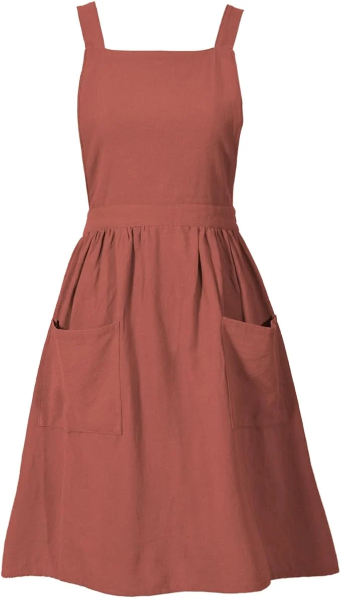 Official Cotton Linen Pinafore Apron Dress for Women with Pockets Cute Art Chef Aprons for Kitchen Baking Gardening Painting Professional