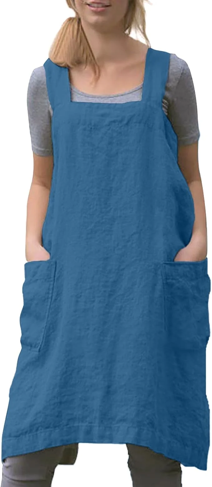 Secure Women Apron with 2 Pockets Cotton Linen Kitchen Baking Cooking Chef Cross Back Pinafore Dress Fashionable