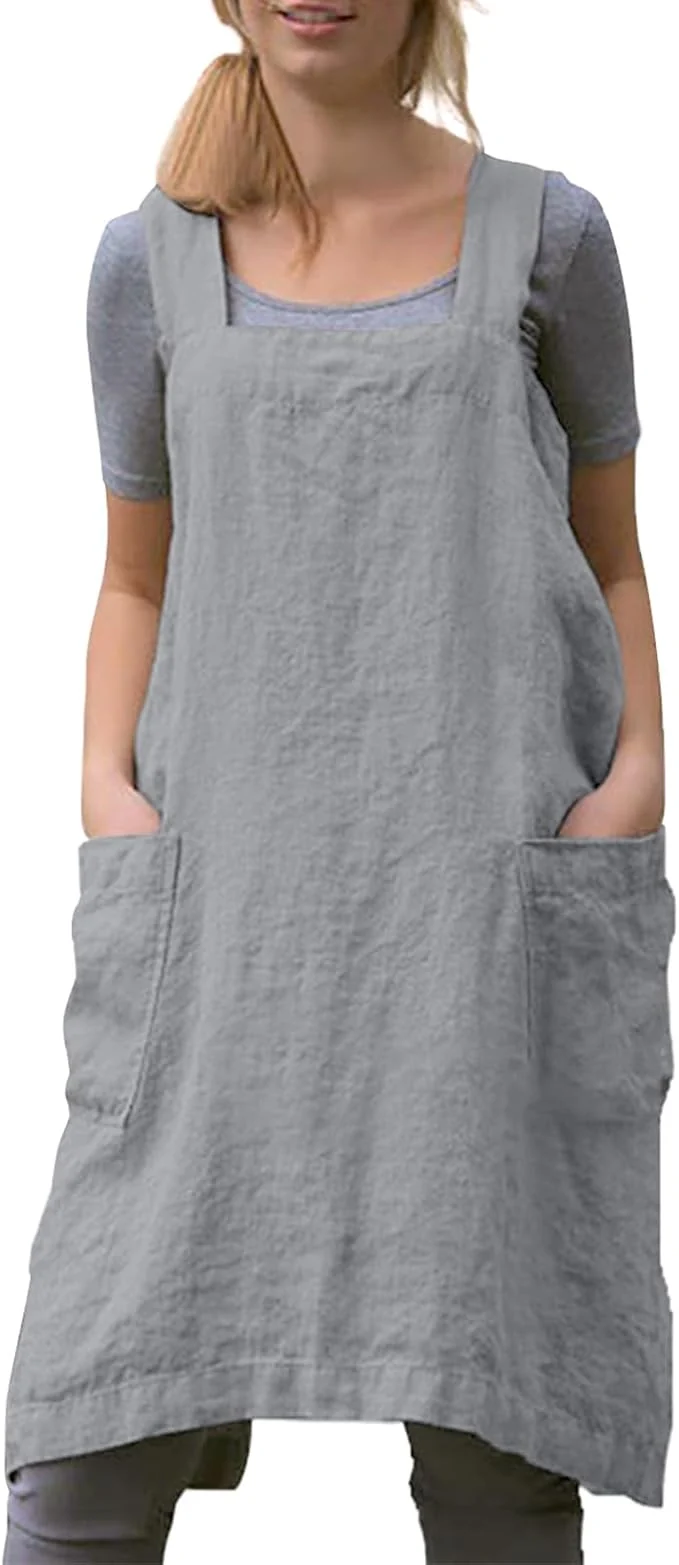 Flexible Women Apron with 2 Pockets Cotton Linen Kitchen Baking Cooking Chef Cross Back Pinafore Dress Green