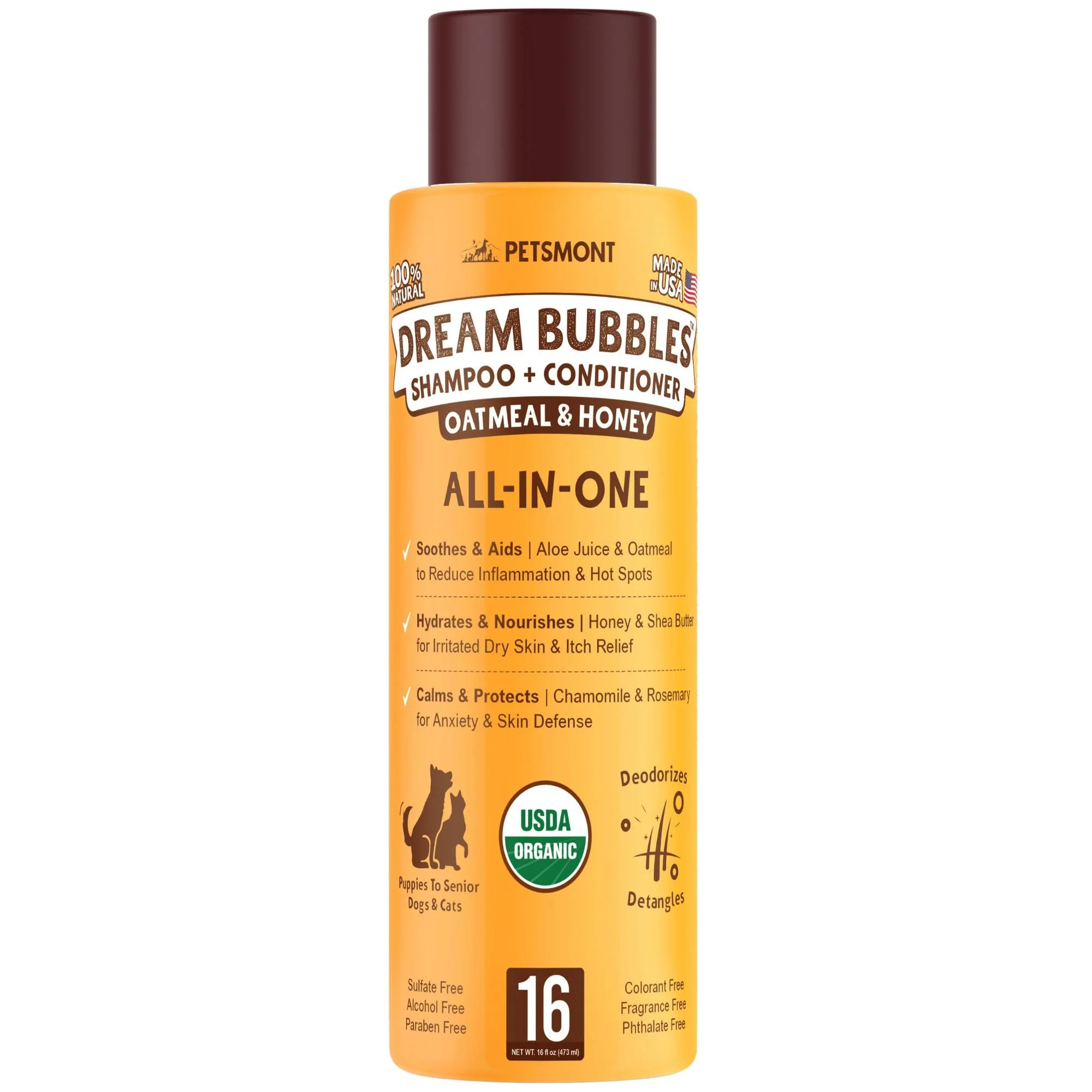 Optimized Petsmont Dream Bubbles 2-in-1 Organic Shampoo Conditioner for Dogs Cats – Sensitive Skin Oatmeal 16oz Artisan