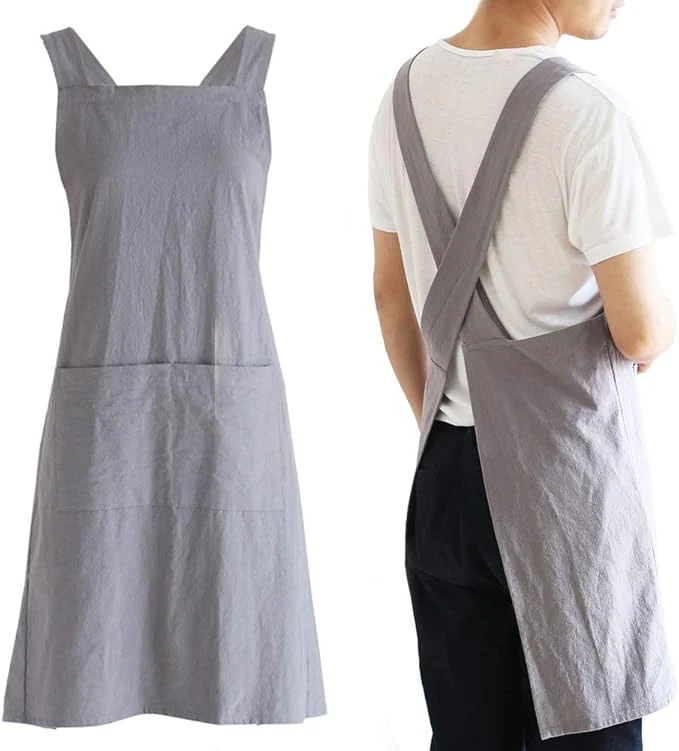 Recyclable NEWGEM Japanese Linen Cross Back Cooking Aprons for Women Men with Pockets Cute for Baking Kitchen Official