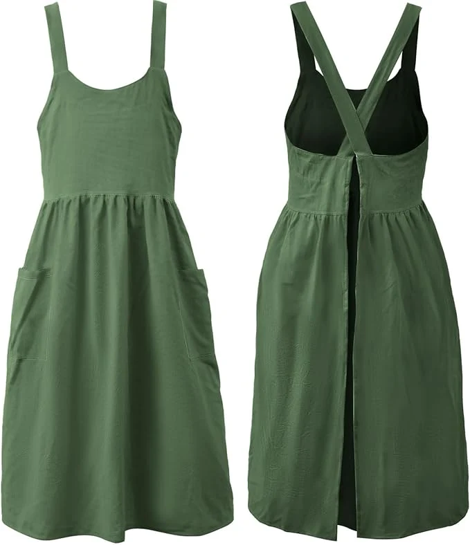 Casual Uaussi Cotton Linen Apron Cross Back Work Apron for Women with Pockets Pinafore Dress X Cross Halter Apron for Chef Gardening Refined