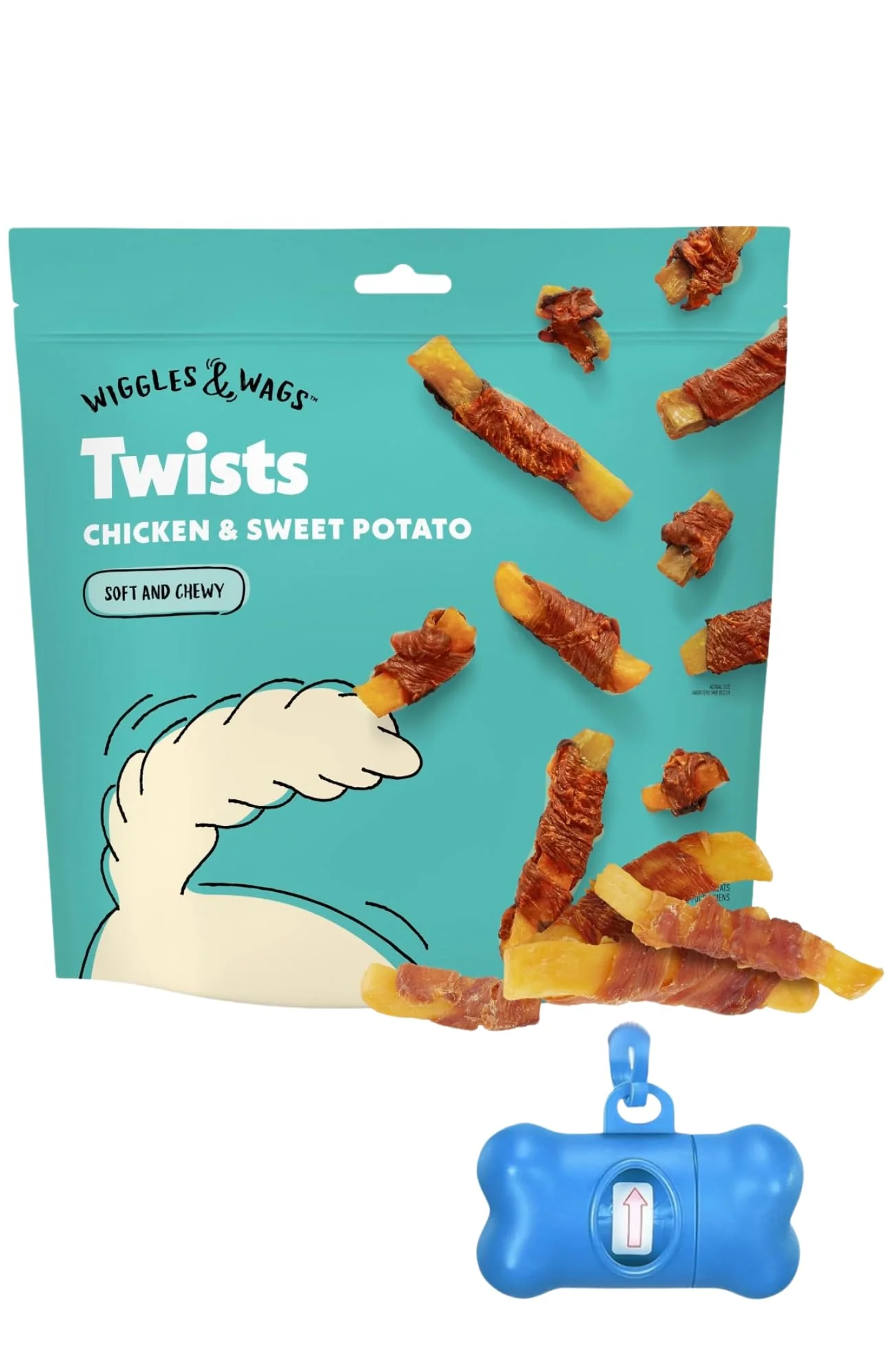 Flexible Wiggles Wags Twists Dog Treats — Chicken Sweet Potato Soft Chewy 16 oz DN Essentials Dispenser Pure