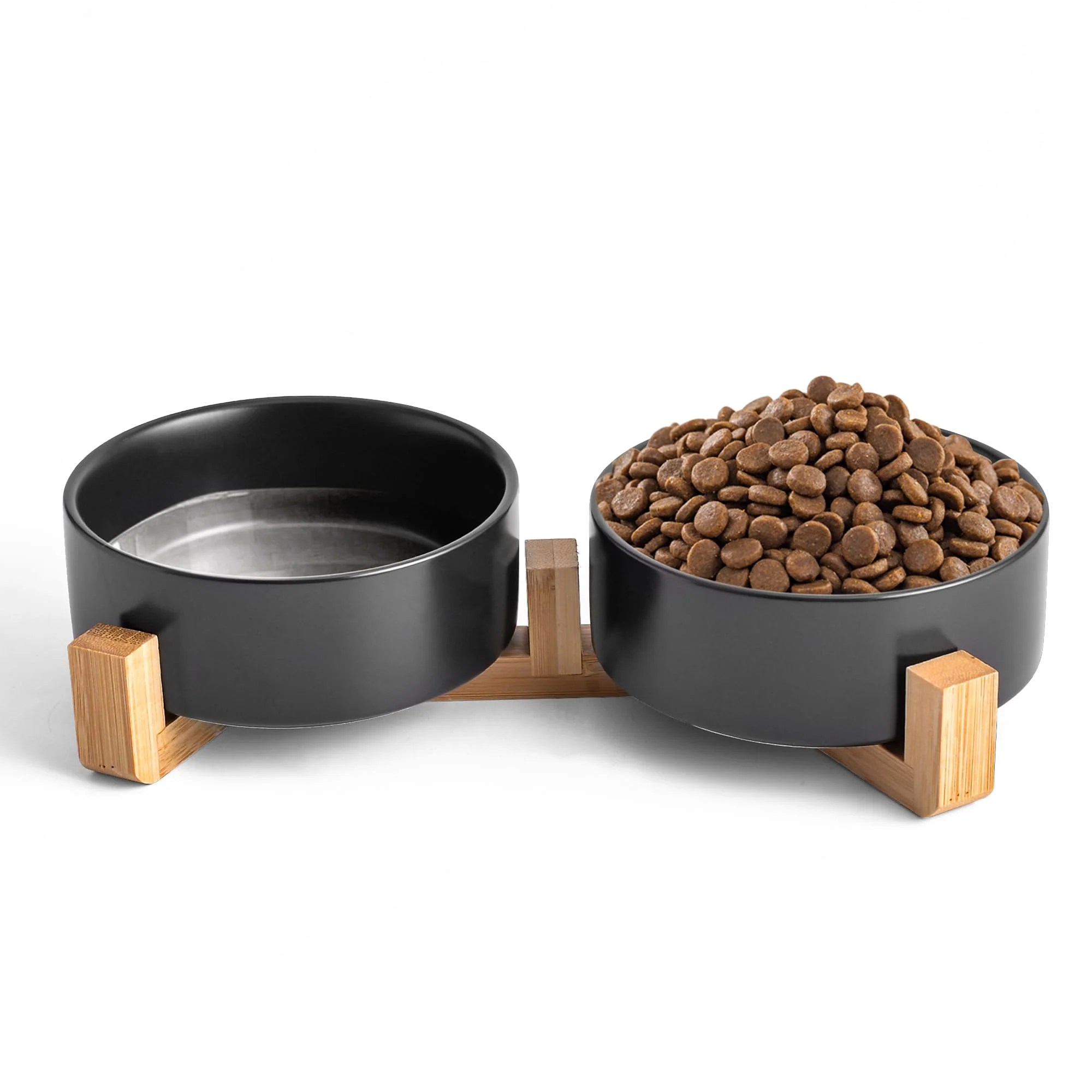 Reusable Mowtanco Black Ceramic Dog Cat Bowl Set – 13.5 oz Wooden Stand d Non-Slip 2 Bowls Detailed