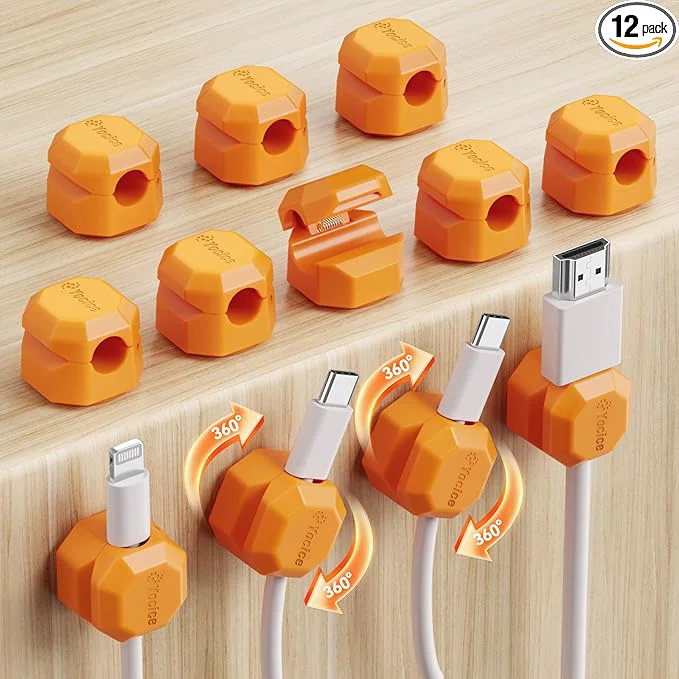 Top-Quality 12 Pack Rotatable Cable Clips Spring Cord Organizer Desk Cable Management Cord Holder Adhesive Phone Charger Cord Clips for Home Office Car Wall Nightstand Accessories OrangeAbout ThisOverview Original