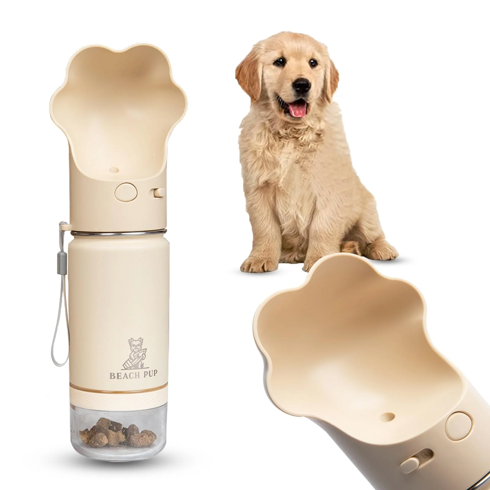Fashionable BEACHPUP Dog Portable Water Bottle 10 oz with Food Container - Cream Safe