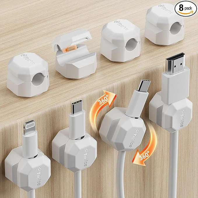 Advanced 8 Pack Rotatable Cable Clips Spring Cord Organizer Desk Cable Management Cord Holder Adhesive Phone Charger Cord Clips for Home Office Car Wall Nightstand Accessories WhiteAbout ThisOverview Unique