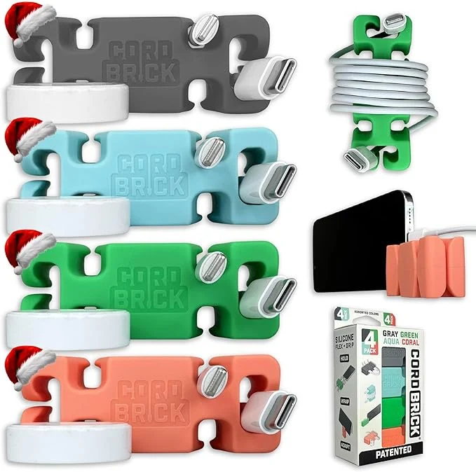 Carefully Designed CordBrick 4pk Weighted Cord Holder for Nightstand - Phone Charger Cable Management for Travel - Phone Accessory Stocking Stuffers for Adults - Multipurpose Gift for Home Office AssortedAbout ThisOverview Premium