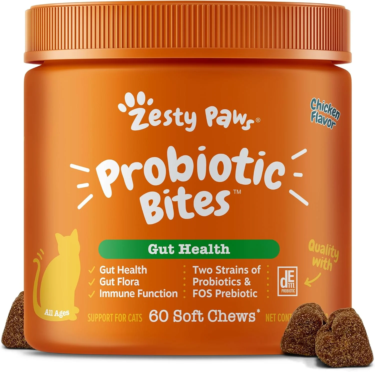 Certified Zesty Paws Probiotic Bites for Cats - Gut Flora Immune System Support - Cat Supplement with DE111 Bacillus subtilis - Pet Soft Chews with Probiotics Prebiotics for Digestive Health - 60 Count Selected