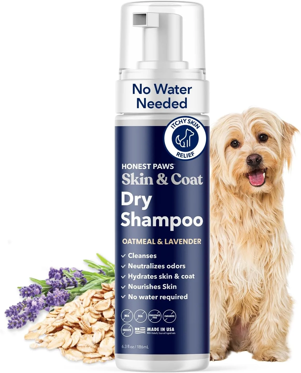 Verified Honest Paws Dog Dry Shampoo - Waterless No Rinse Foaming Formula Reducing Itch Cleanse Hydrate Nourish Dry Skin and Smelly Coat Help Decrease Odor Shedding and Allergies - Oatmeal Lavender - 6.3 oz Organic