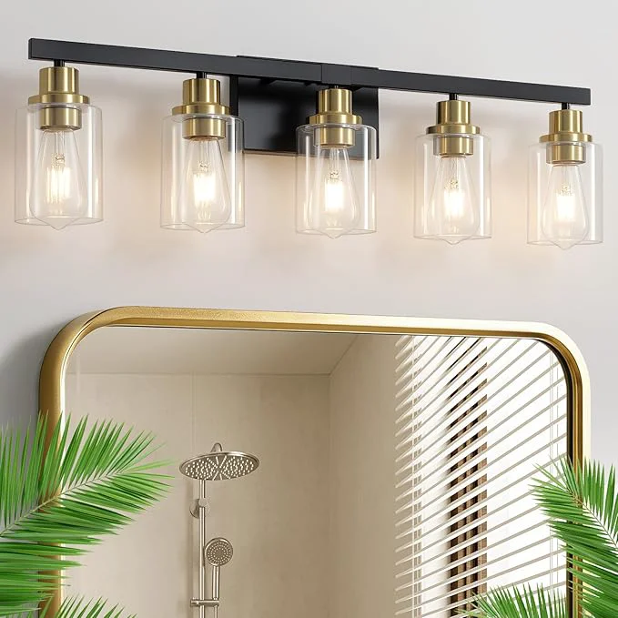 Elite 5-Light Black and Gold Bathroom Vanity Light 30 Modern Vanity Lighting Fixture Bathroom Light Fixtures Wall Sconces with Clear Glass Shade Black Bathroom Wall Light Over MirrorAbout ThisOverview Clean
