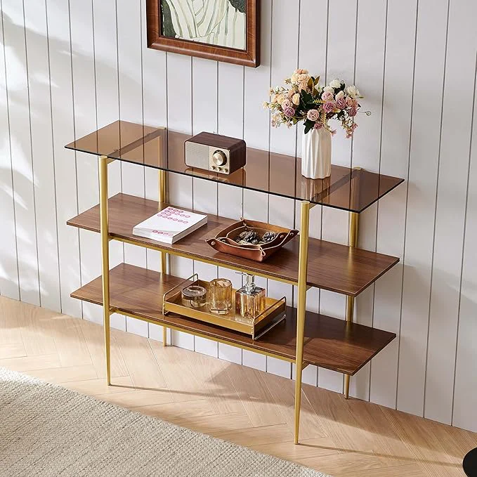 Classic Glass Console Table for Living Room Foyer Entryway L41 x W14 x H31 Inch 3-Tier Mid-Century Modern Sofa Table with Amber Glass Top Walnut Finish Wood Shelf and Gold Finish FrameAbout ThisOverview Reusable