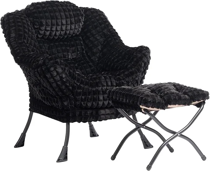 Versatile HollyHOME Lazy Chair with Foldable Ottoman Accent Comfy Lounge Armchair and Folding Footrest Stool Leisure Sofa Reading Chair and Footstool for Living Room Bedroom Dorm Faux Fur BlackAbout ThisOverview Exceptional