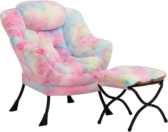 Trendy HollyHOME Lazy Chair with Foldable Ottoman Accent Comfy Lounge Armchair and Folding Footrest Stool Leisure Sofa Reading Chair and Footstool for Living Room Bedroom Dorm Faux Fur RainbowAbout ThisOverview Optimized