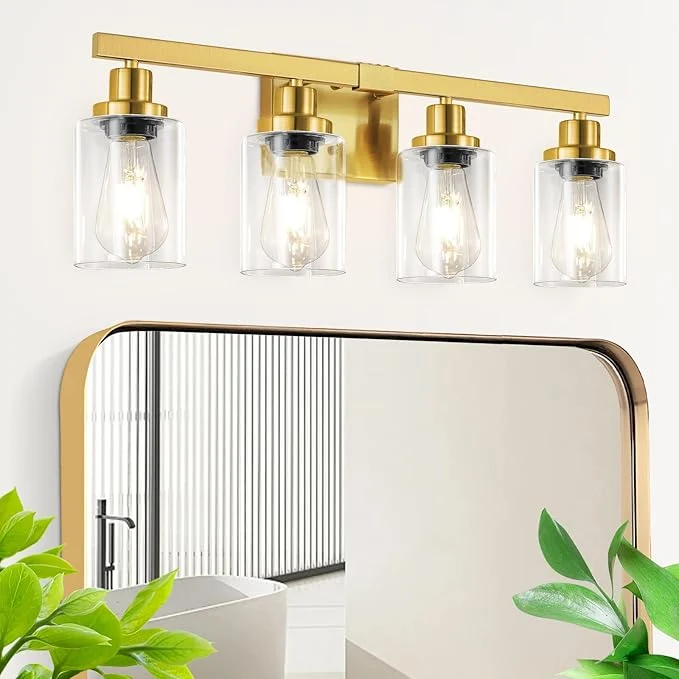 Secure Bathroom Vanity Light 4-Light Modern Matte Gold Wall Sconce Lighting with Clear Glass Shade Black Wall Lights Bath Vintage Wall Mounted Lamps for Mirror Bedroom Living RoomAbout ThisOverview Healthy