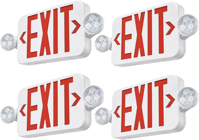 Premium Material Emergency Exit Sign Lights Combo With Battery Backup Double Sided Hardwired 6 LEDs Adjustable Heads Red Lighting Ceiling Wall Mount UL Listed AC 120 277V 4 Pack About ThisOverview Reusable