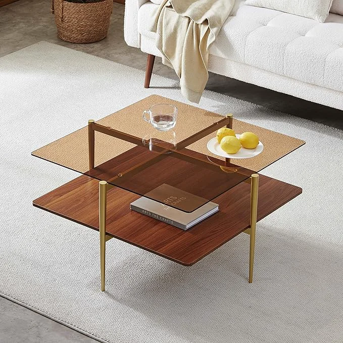 Breathable Square Coffee Table Mid-Century Modern Design L30 x W30 x H17 Inch for Living Room 2-Tier Structure Amber Glass Top and Walnut Wood Shelf Sleek Conical Metal Legs with Gold FinishAbout ThisOverview Prestigious