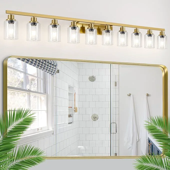 Fast Gold Bathroom Vanity Light 10-Light Brushed Gold Bathroom Light Fixtures with Clear Glass 64.5in Wall Lamp Sconces for Mirror Bedroom Living Room Hallway E26About ThisOverview Minimalist