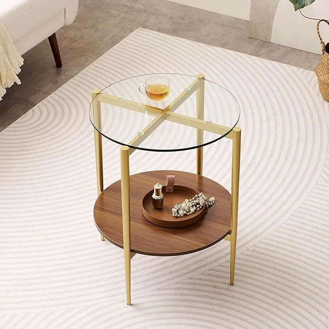 Verified Round Glass End Table Mid-Century Modern Design Sofa Table for Living Room D18 x H23 2-Tier Structure Clear Glass Top and Walnut Shelf Sleek Conical Legs with Gold Finish FrameAbout ThisOverview Solid