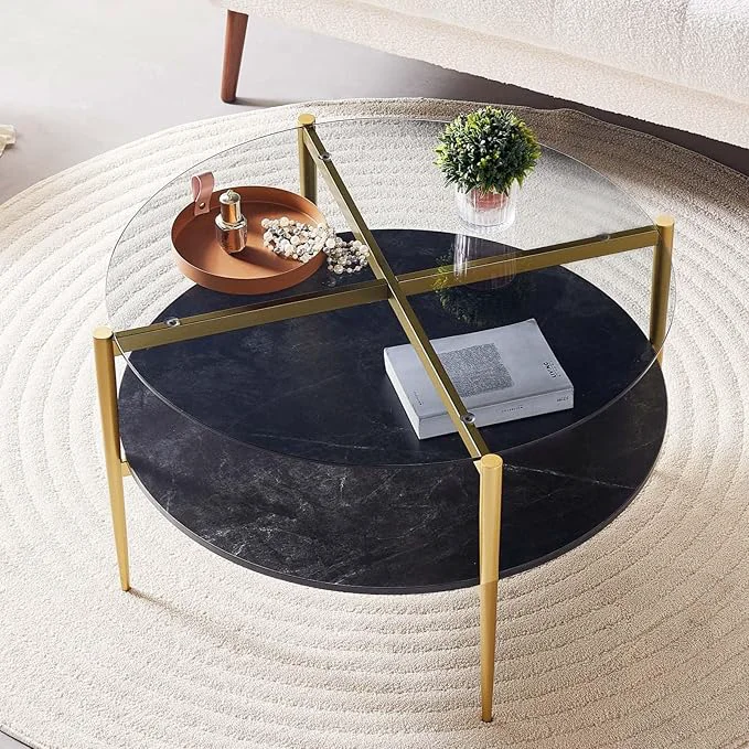 Unique Round Coffee Table for Living Room Mid-Century Modern Design D30 x H17 2-Tier Structure Grey Glass Top and Black Marble Finish Wood Shelf Sleek Conical Metal Legs with Gold Finish FrameAbout ThisOverview Pure