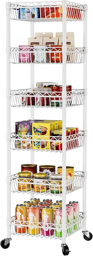 Carefully Designed SINGAYE Shelf 6 Tier Wire Shelving Unit with Wheels Baskets Storage Rack Corner Shelves Adjustable Closet Bathroom Organizers Metal Pantry Kitchen Garage Laundry Room 13.5 D x 13.5 W x 63 H WhiteAbout ThisOverview Detailed