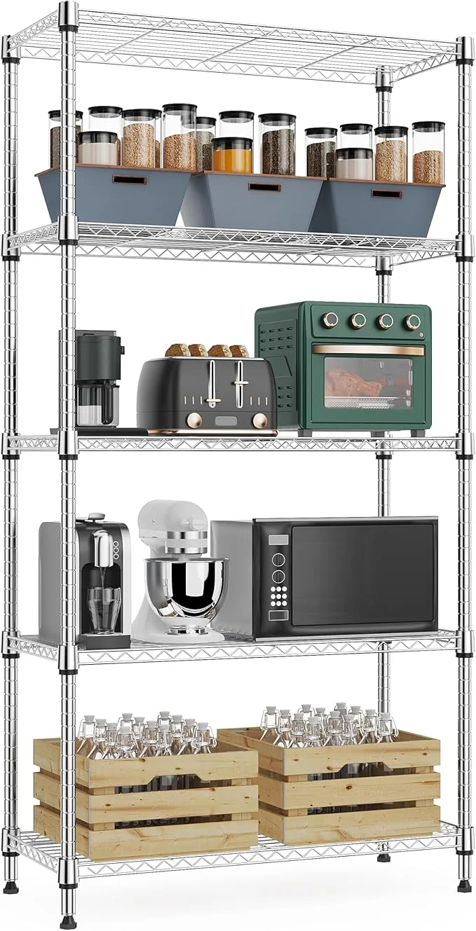 Trusted 1250 lbs 5 Tier Shelf Metal Storage Shelves Wire Rack Closet Organizers with Wheel for Garage Kitchen Bathroom Laundry Chrome 13.7 D x 23.6 W x 62.4 HAbout ThisOverview Elegant