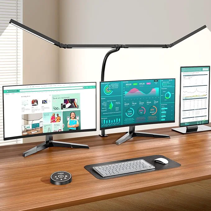 Modern Led Desk Lamps for Home Office - Eye Caring Architect Lamp with Clamp Double Head Computer Monitor Work Desk Light with Remote Control 24W Flexible Dimmable Desktop Table LampAbout ThisOverview Practical