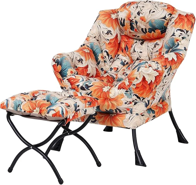 Breathable Welnow Lazy Chair with Ottoman Modern Lounge Accent Chair with Armrests and a Side Pocket Leisure Sofa Armchair Set Reading Armchair with Footrest for Small Space Orange BlueAbout ThisOverview Safe