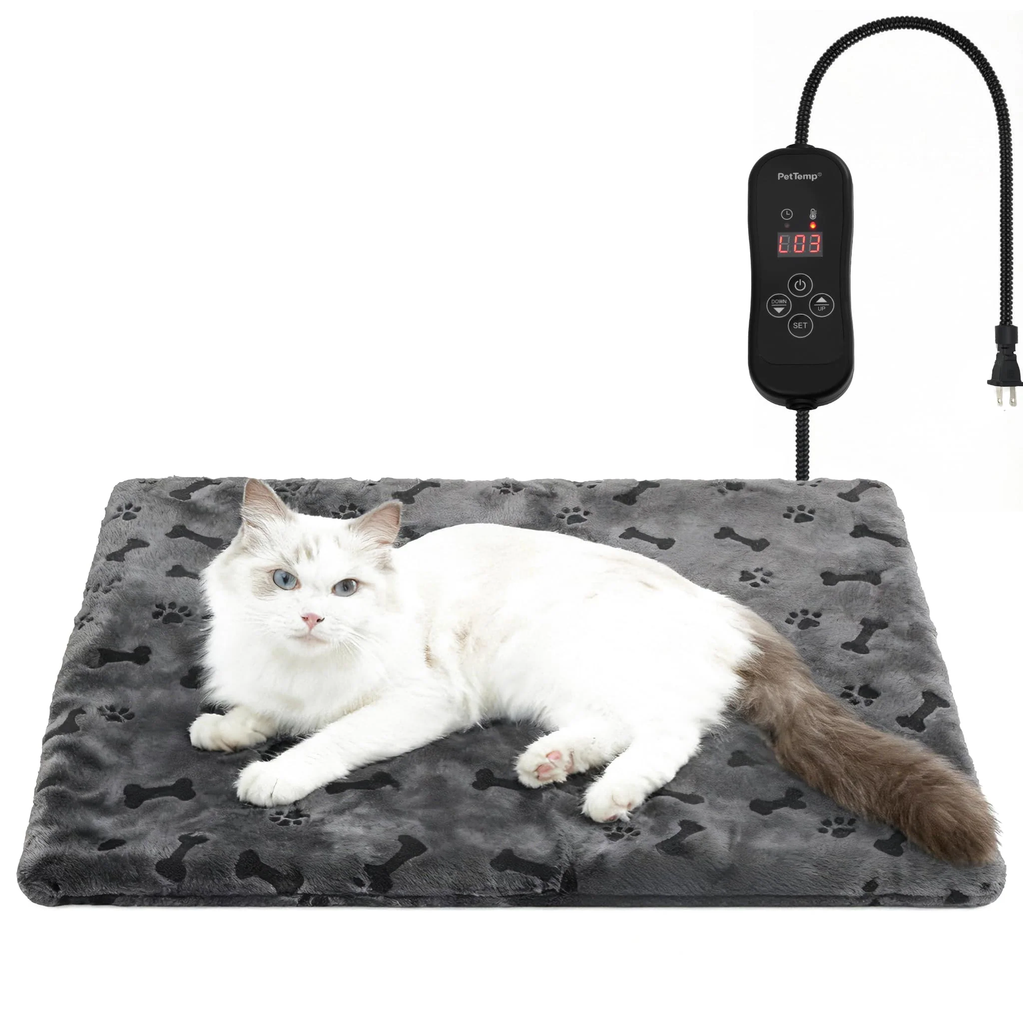 First-Class PetTemp Pet Heating Pad for Cats Dogs — 5 Temp Levels Auto Shut-Off Chew-Resistant Cord User-Friendly