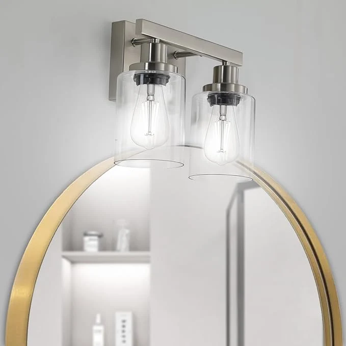 Natural Bathroom Vanity Light 2-Light Nickel Modern Matte Wall Sconce Lighting with Clear Glass Shade Wall Lights Bath Vintage Wall Mounted Lamps for Mirror Bedroom Living RoomAbout ThisOverview Breathable