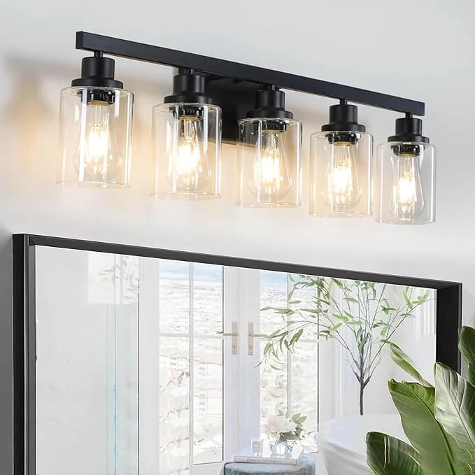 Contemporary 5-Light Black Bathroom Vanity Light Modern Vanity Lighting Fixture for Bathroom 31 Matte Light Fixture Wall Sconces with Clear Glass Shade Black Bathroom Wall Light Over MirrorAbout ThisOverview Trusted