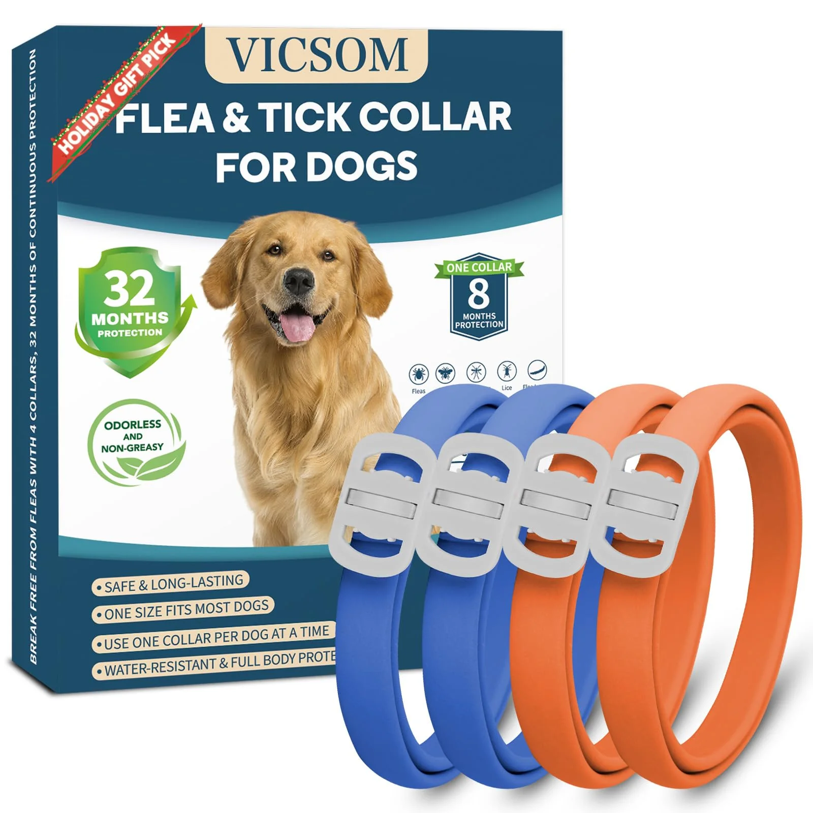Powerful VICSOM Dog Flea Tick Collar 4 Pack — Waterproof Adjustable 32-Month Prevention Responsible