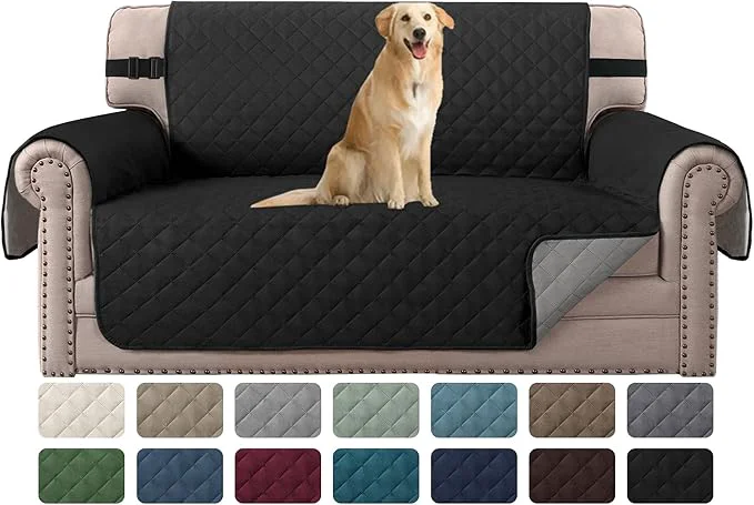 Trendy H.VERSAILTEX Reversible Loveseat Cover Loveseat Slipcover for 2 Cushion Couch Water Resistant Dog Protector Furniture Cover for Pets Non Slip Sofa Couch Cover with Elastic Strap Loveseat Black Grey About ThisOverview Superior
