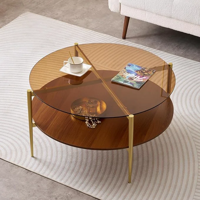 Verified Extra Large Round Coffee Table Mid-Century Modern Design D34 x H17 in for Living Room 2-Tier Structure Amber Glass Top and Walnut MDF Shelf Sleek Conical Metal Legs with Gold FinishAbout ThisOverview High-End