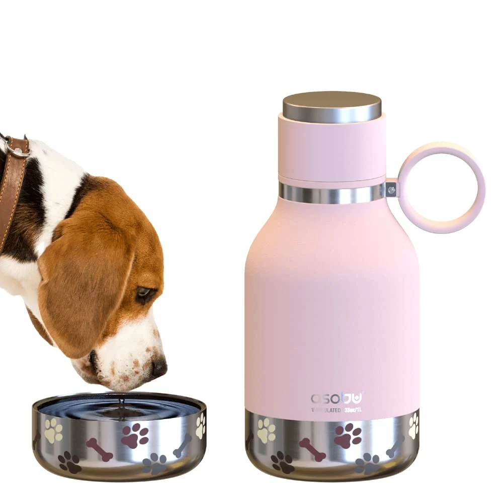 Recyclable Asobu Buddy Bottle – 38 oz Stainless Steel Insulated Water Bottle with Removable Dog Bowl Food Storage Pink Carefully Designed