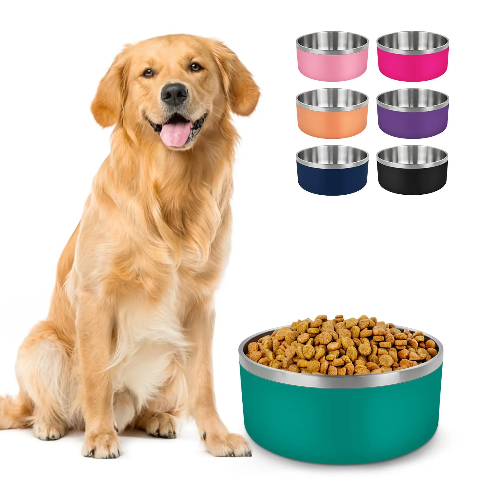 Eco-Friendly LIHONG Large Dog Stainless Steel Bowls 64oz – Double-Wall Insulated Non-Slip Deep Green High-Grade