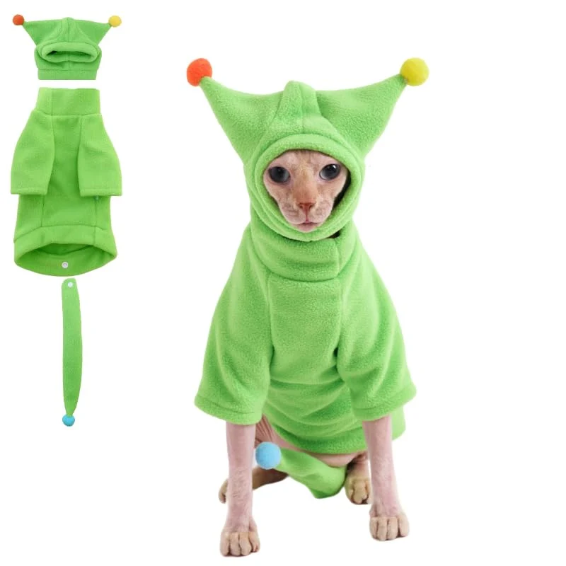 Versatile GigglyHouse Sphynx Cat Clothes – Warm Jumpsuit with Hat Tail Green XS Top-Quality