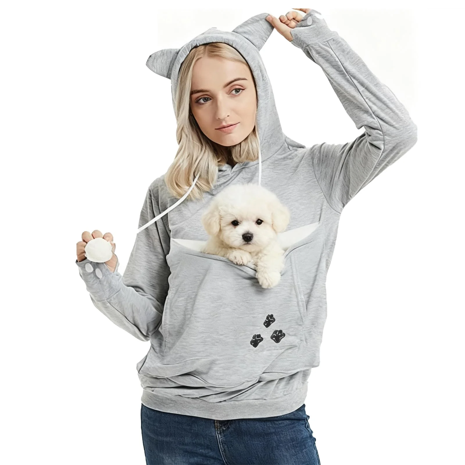 Certified XUDREZ Unisex Big Pouch Hoodie – Pet Carrier with Kangaroo Pocket Gray XL Excellent