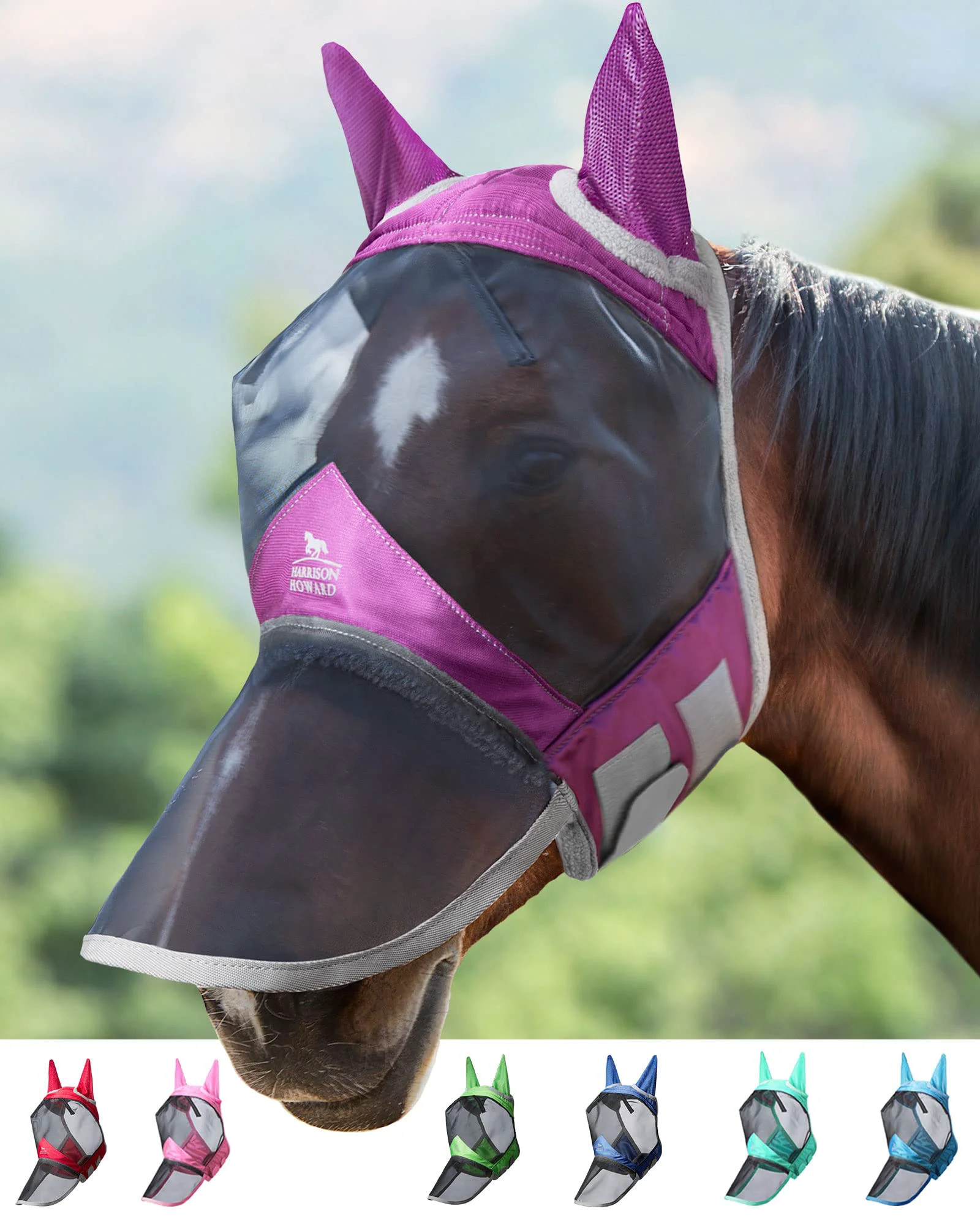 Harrison Howard CareMaster Pro Fly Mask – UV-Protection Breathable Fit for Large Horses Dark Magenta Specialty