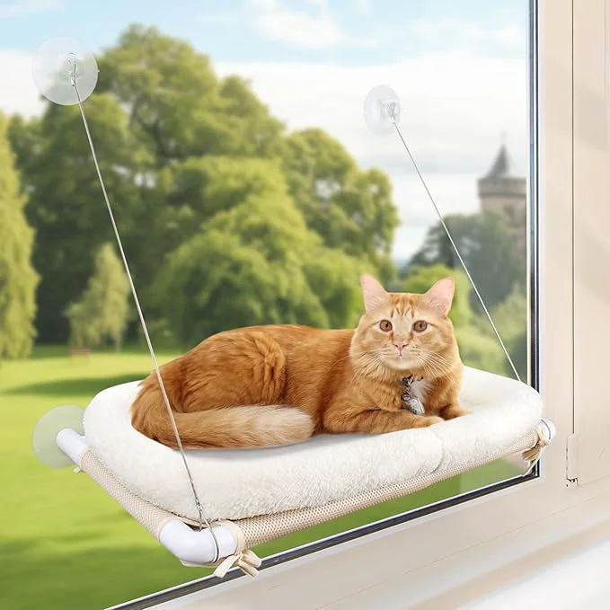 Premium Fluffy Cat Window Bed for Indoor Cats – Strong Suction Cup Hammock Clean