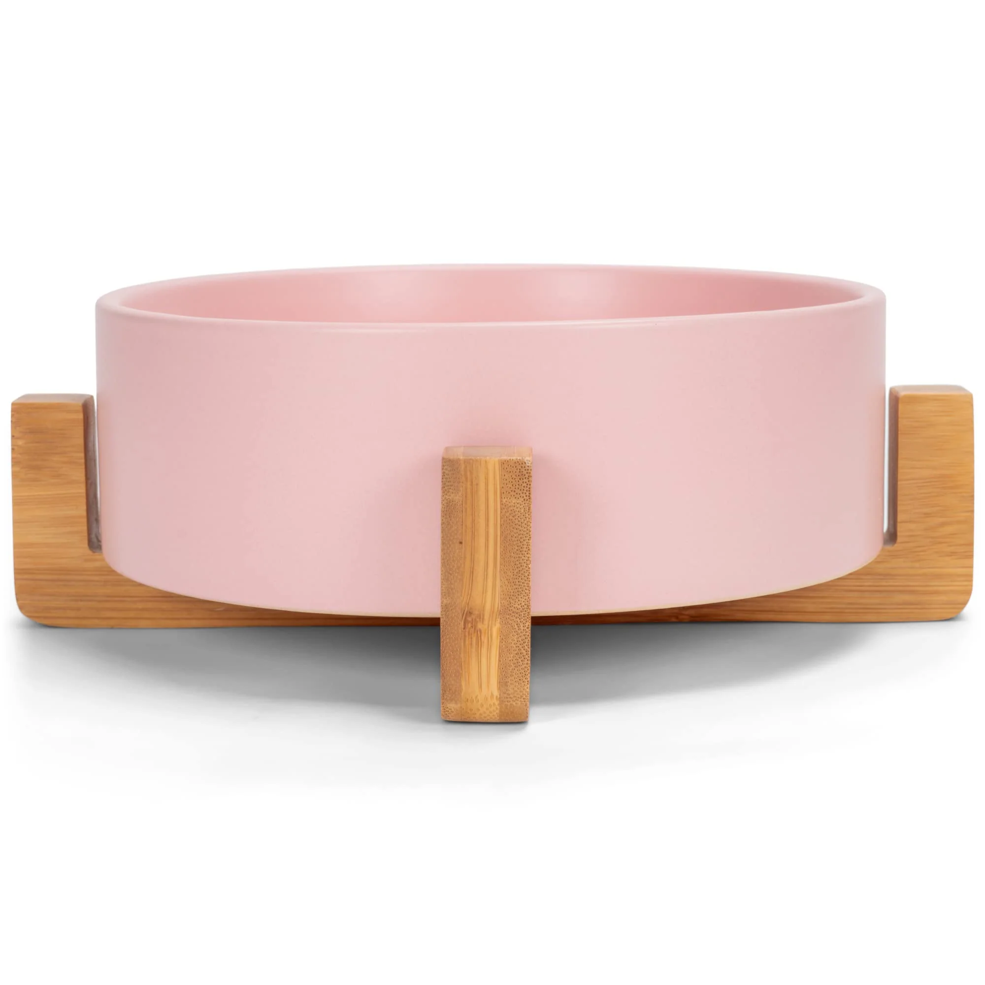 Carefully Designed NAT Jules Large Pink 8-inch Stoneware Pet Bowl with Wood Stand Effective