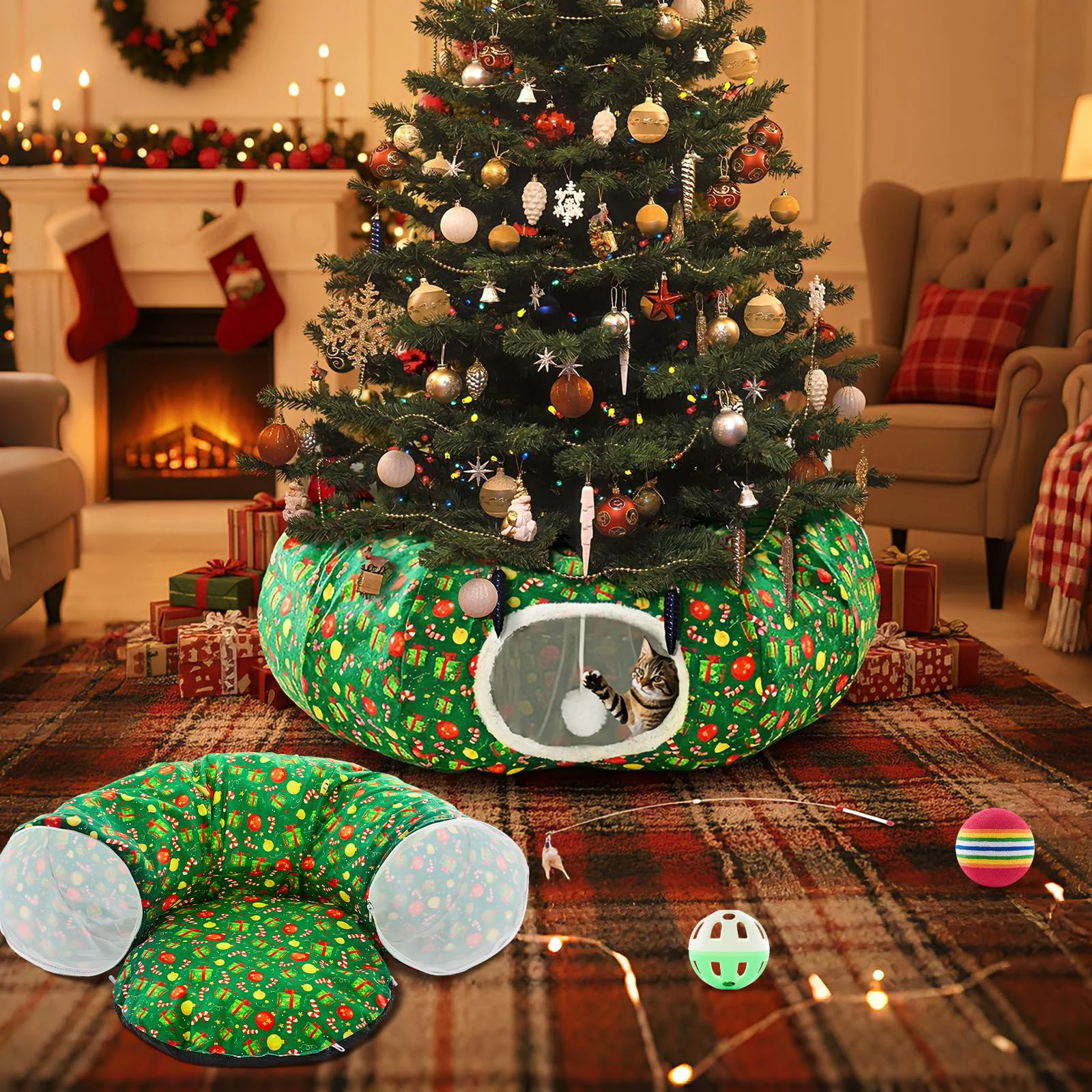 Solid Cinnvoice Cat Tunnel Christmas Tree Skirt Donut Bed — Indoor Cat Toy Set Crafted